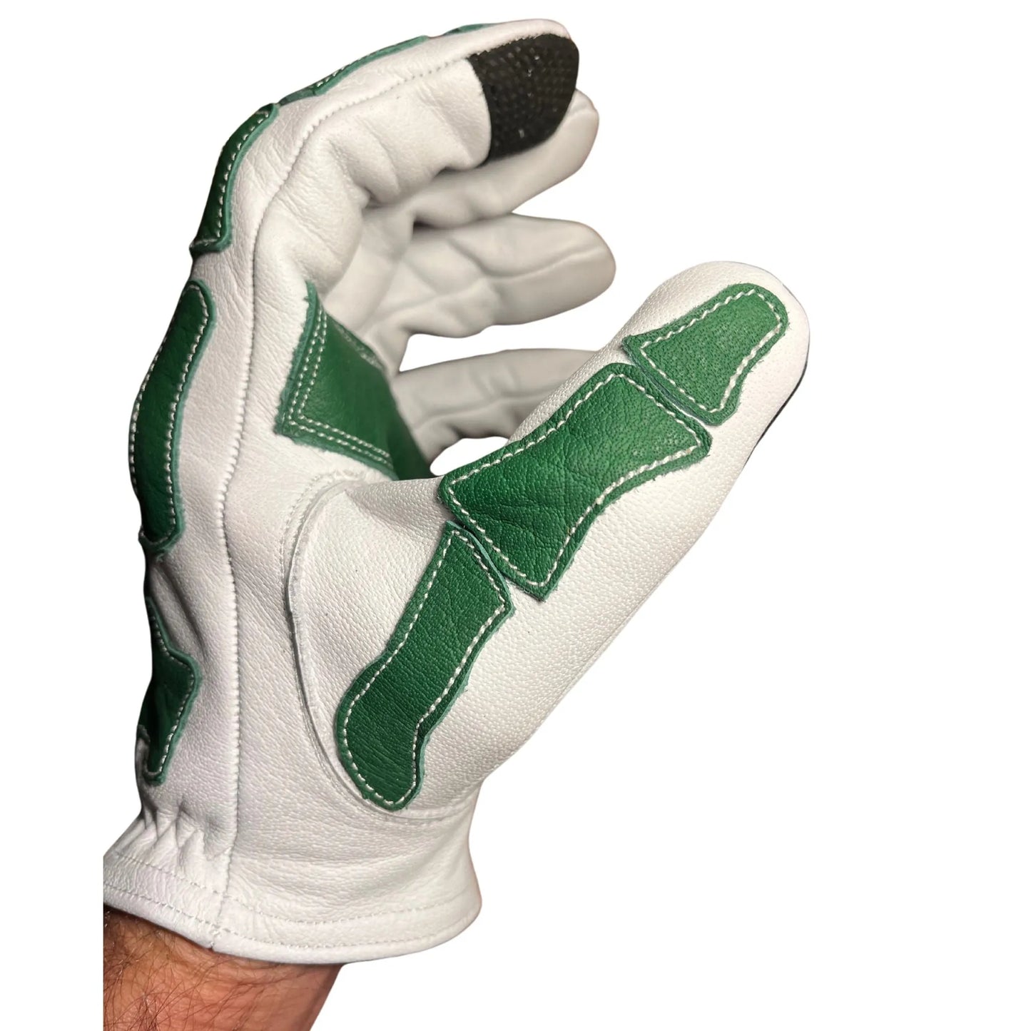 Skeleton Leather Motorcycle Glove - White & Green