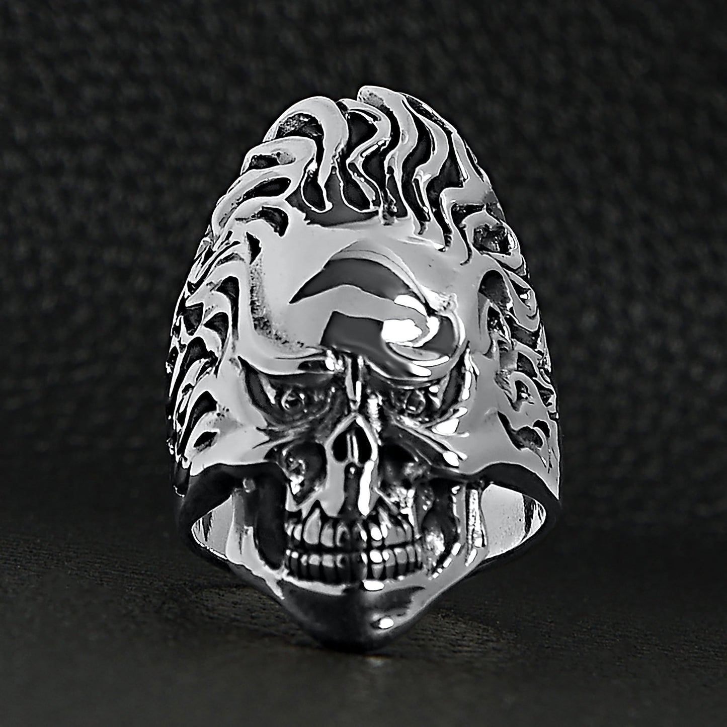 Sterling Silver Skull Flaming Hair Ring
