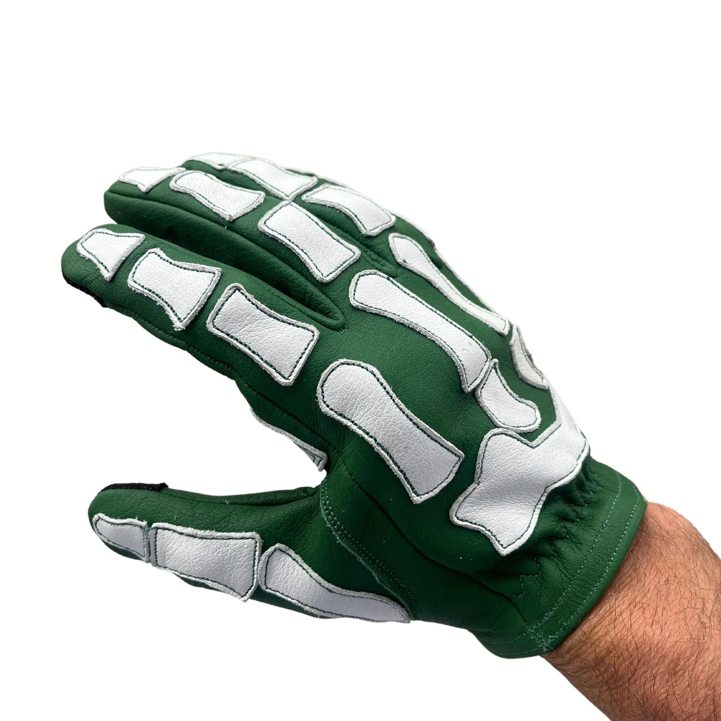 Leather Motorcycle Glove - Buffalo Hide - Skeleton Design - Green & White