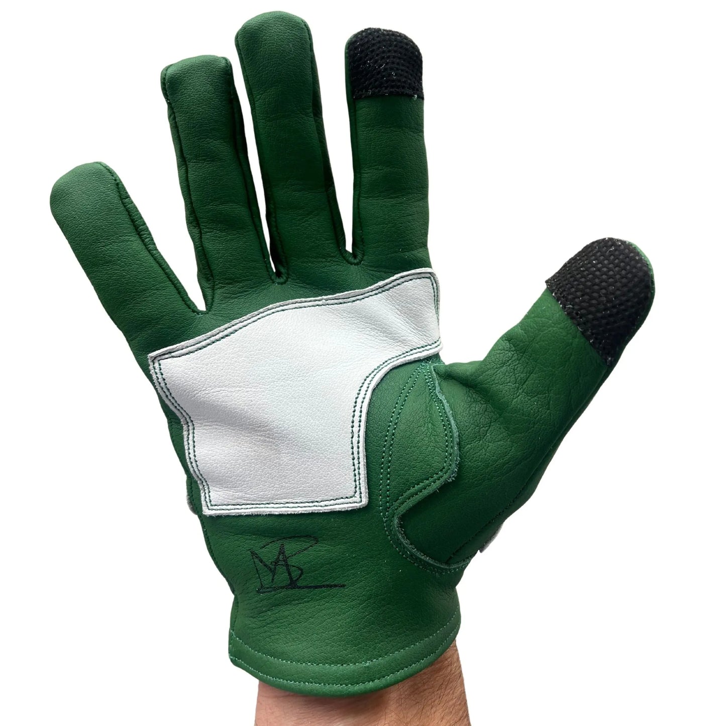 Leather Motorcycle Glove - Buffalo Hide - Skeleton Design - Green & White