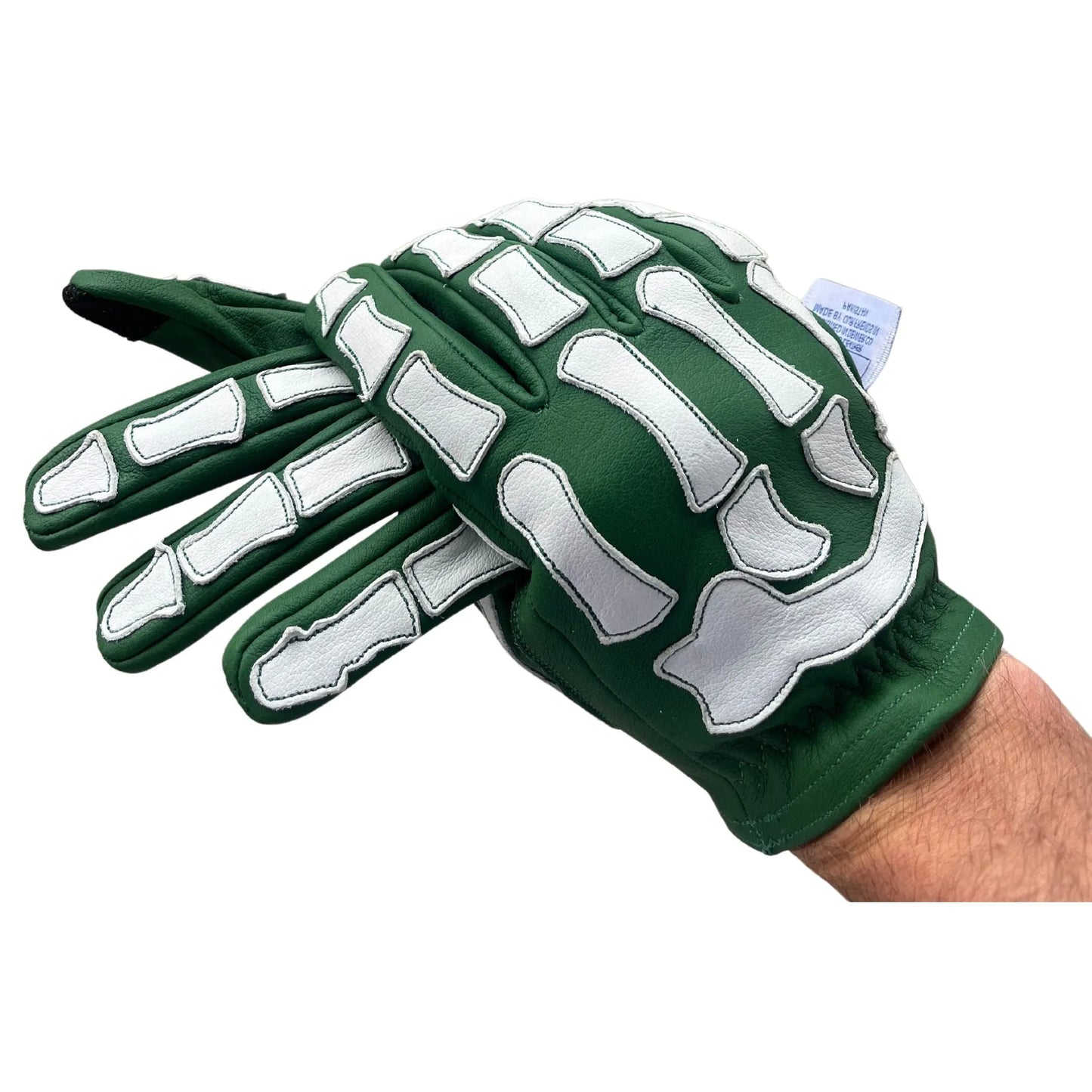 Leather Motorcycle Glove - Buffalo Hide - Skeleton Design - Green & White
