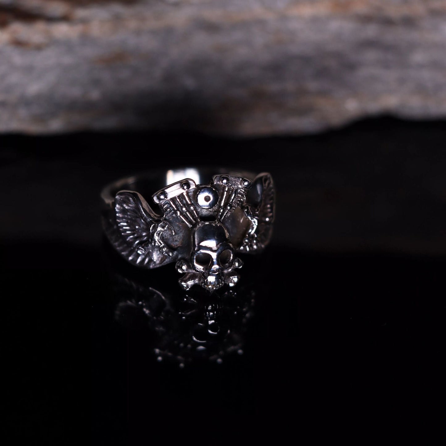 Sterling Silver Winged Skull & Crossbones Eagle Engine Ring