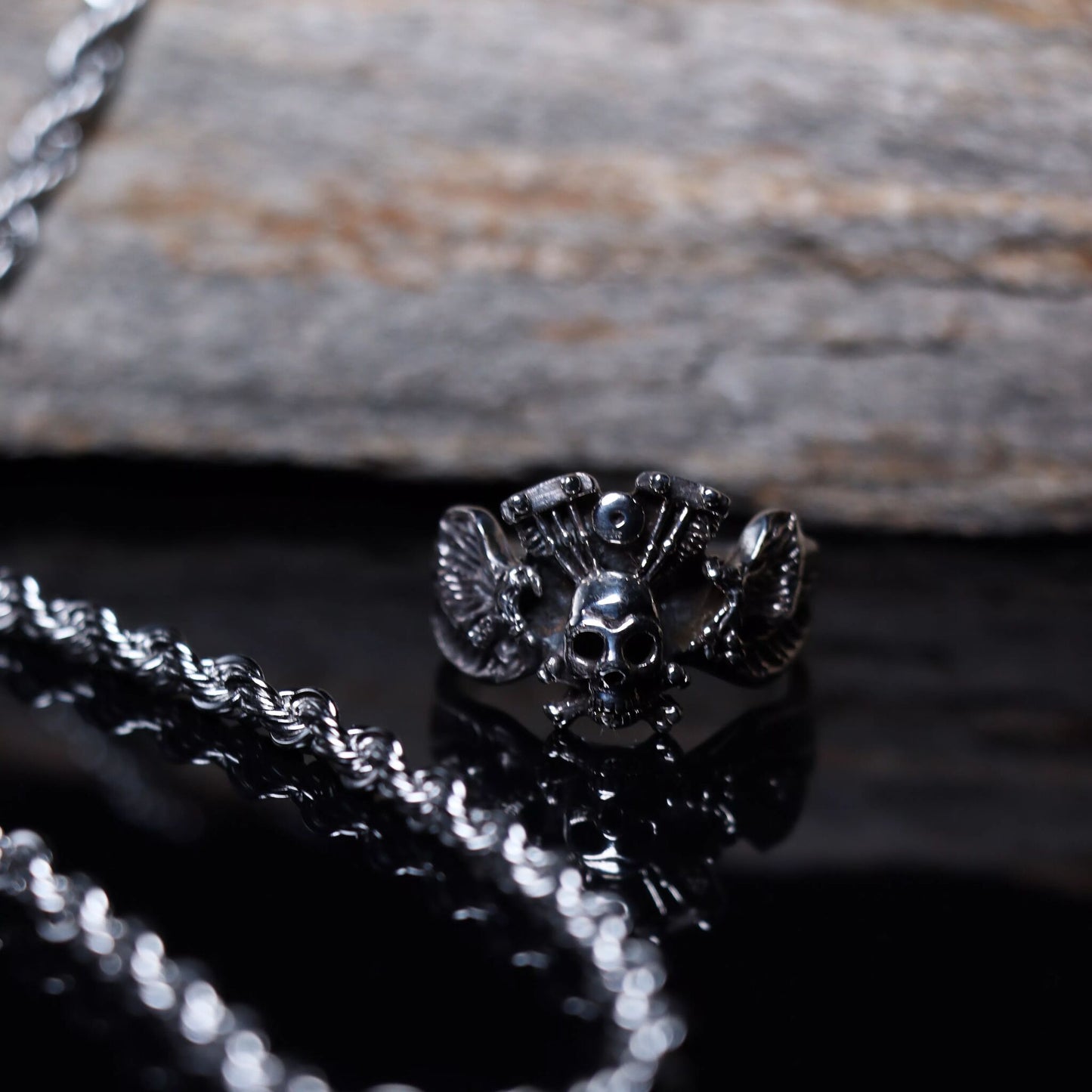 Sterling Silver Winged Skull & Crossbones Eagle Engine Ring