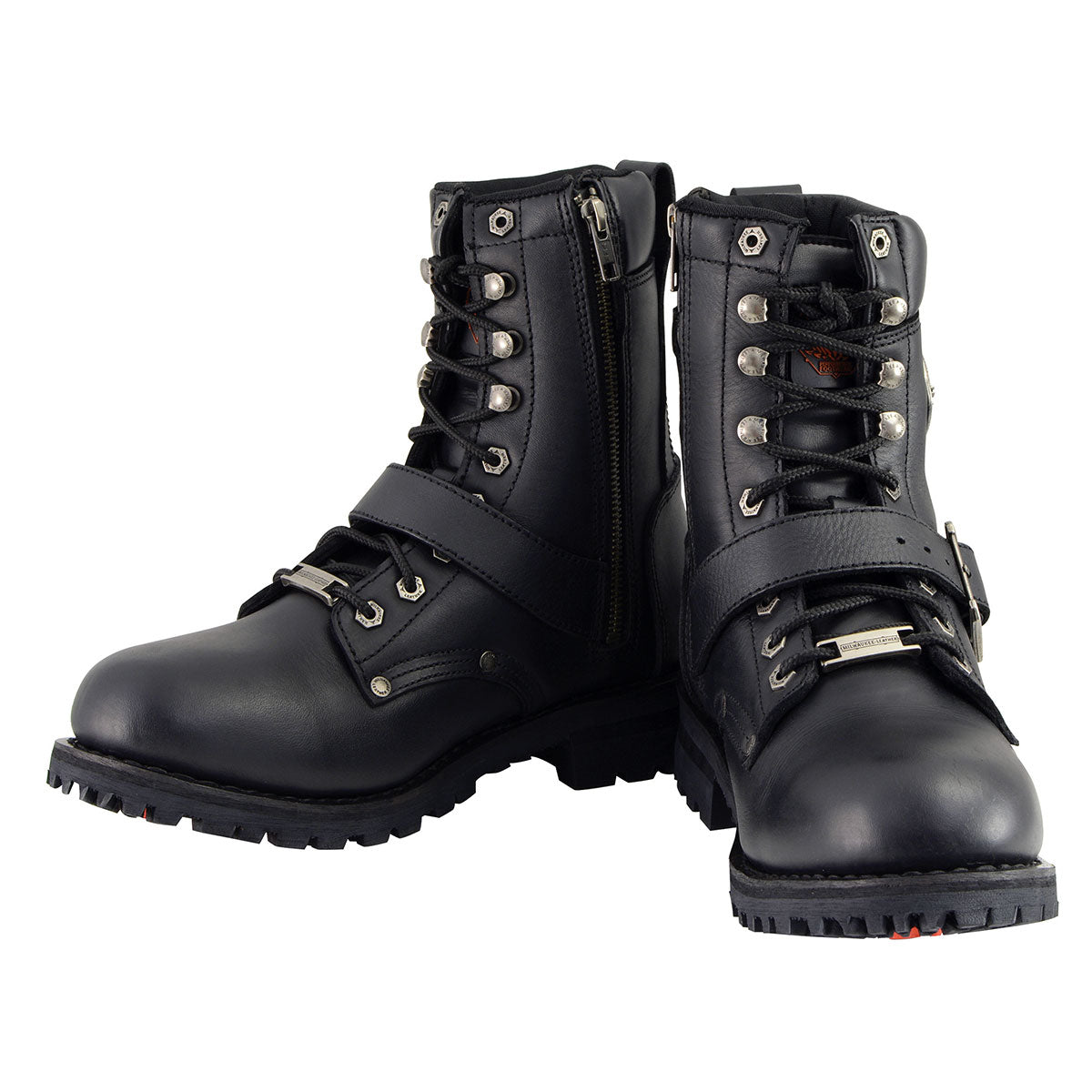 Milwaukee Leather Men's Black Leather Lace-Up Engineer Motorcycle Boots w/ Buckles and Side Zipper MBM101
