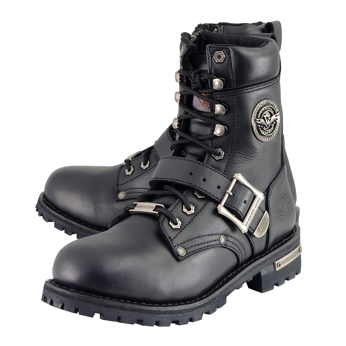 Milwaukee Leather Men's Black Leather Lace-Up Engineer Motorcycle Boots w/ Buckles and Side Zipper MBM101