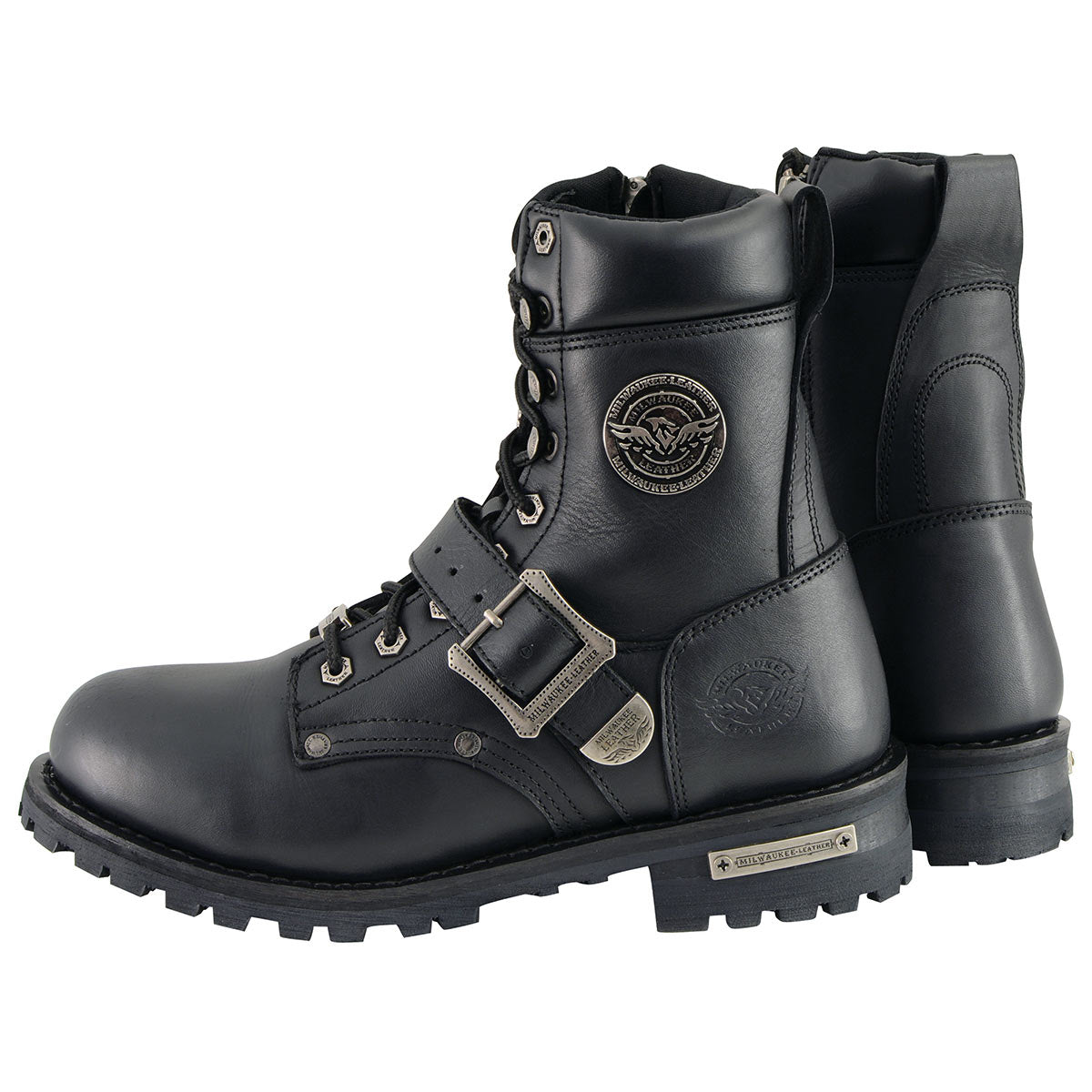 Milwaukee Leather Men's Black Leather Lace-Up Engineer Motorcycle Boots w/ Buckles and Side Zipper MBM101