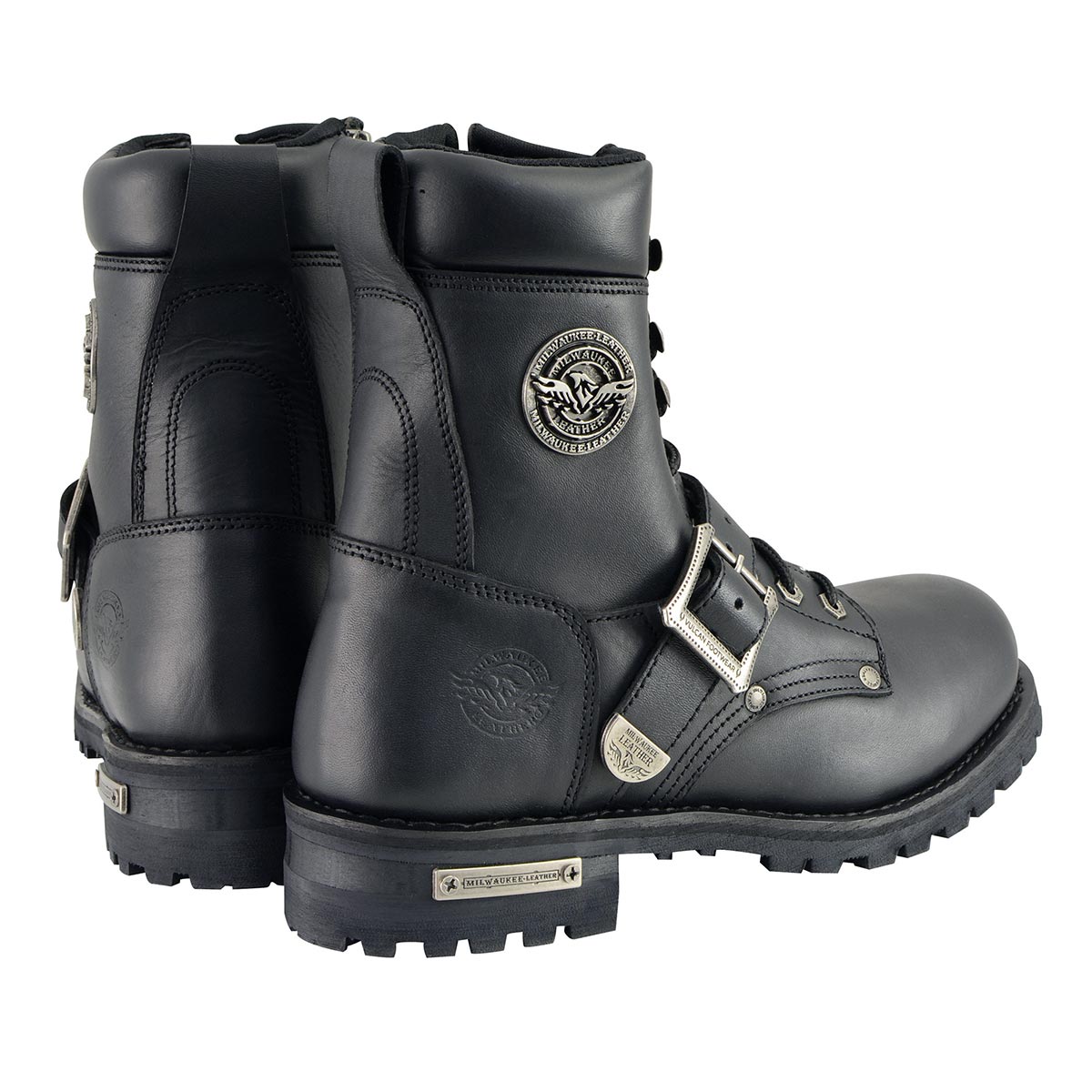 Milwaukee Leather Men's Black Leather Lace-Up Engineer Motorcycle Boots w/ Buckles and Side Zipper MBM101