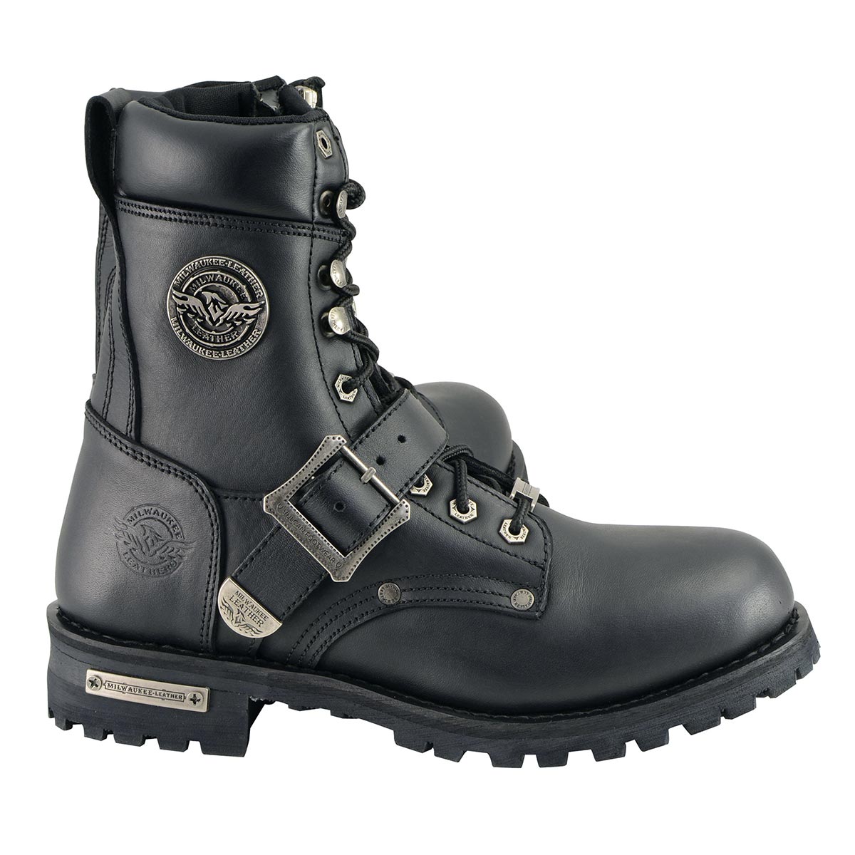 Milwaukee Leather Men's Black Leather Lace-Up Engineer Motorcycle Boots w/ Buckles and Side Zipper MBM101