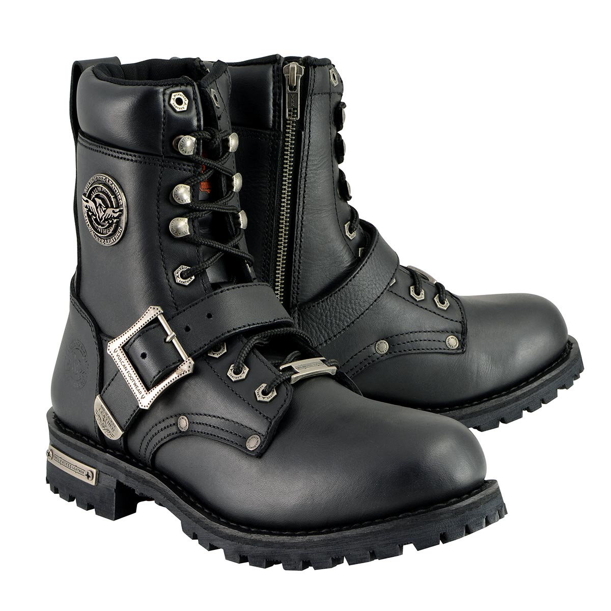 Milwaukee Leather Men's Black Leather Lace-Up Engineer Motorcycle Boots w/ Buckles and Side Zipper MBM101