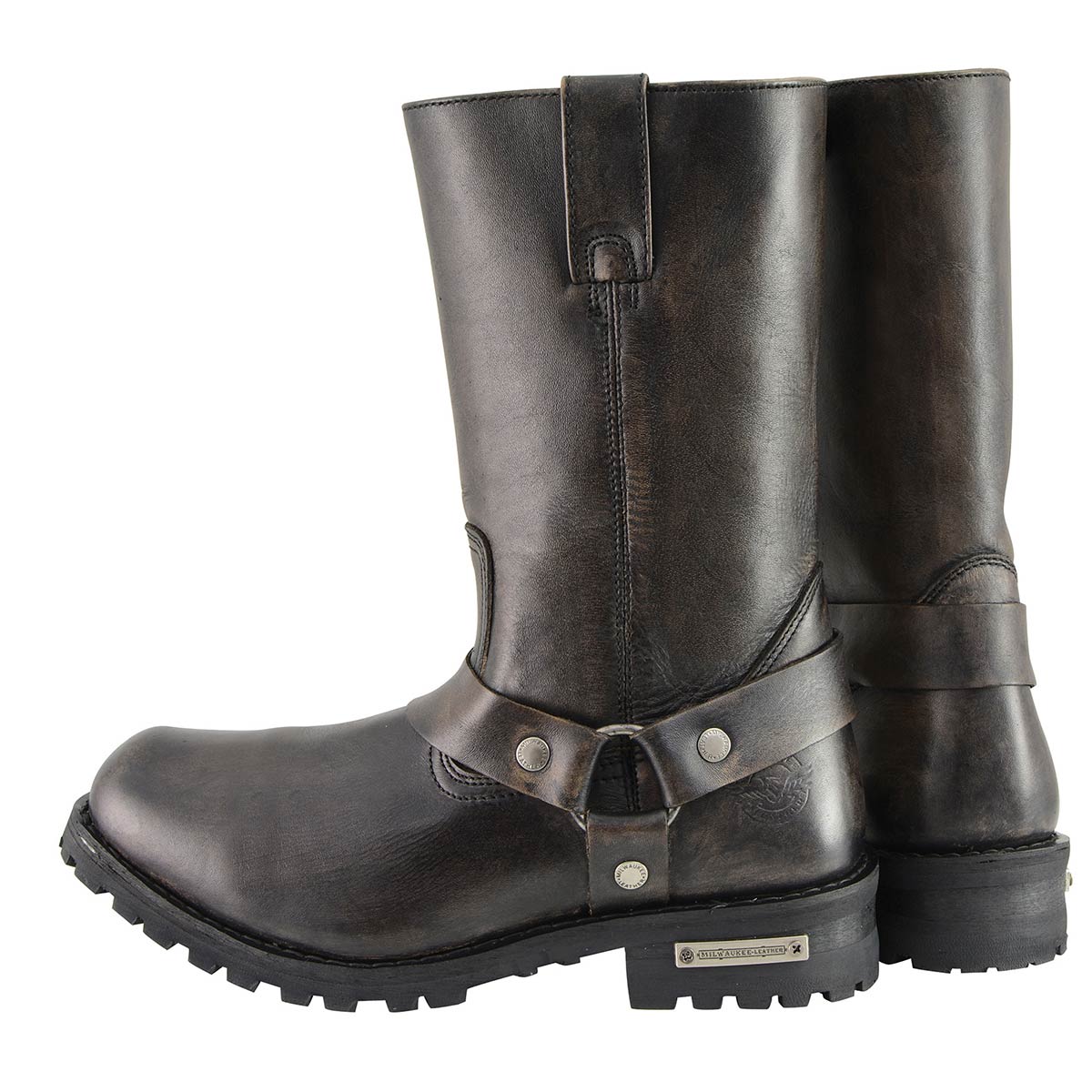 Milwaukee Leather Men's Distressed Brown Leather Wide Width 11-inch Square Toe Harness Motorcycle Boots MBM9005W
