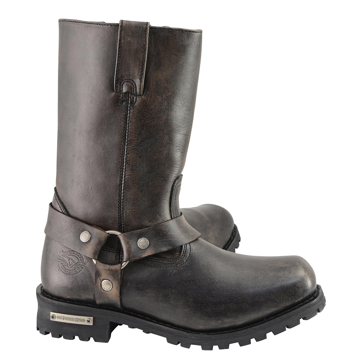 Milwaukee Leather Men's Distressed Brown Leather Wide Width 11-inch Square Toe Harness Motorcycle Boots MBM9005W