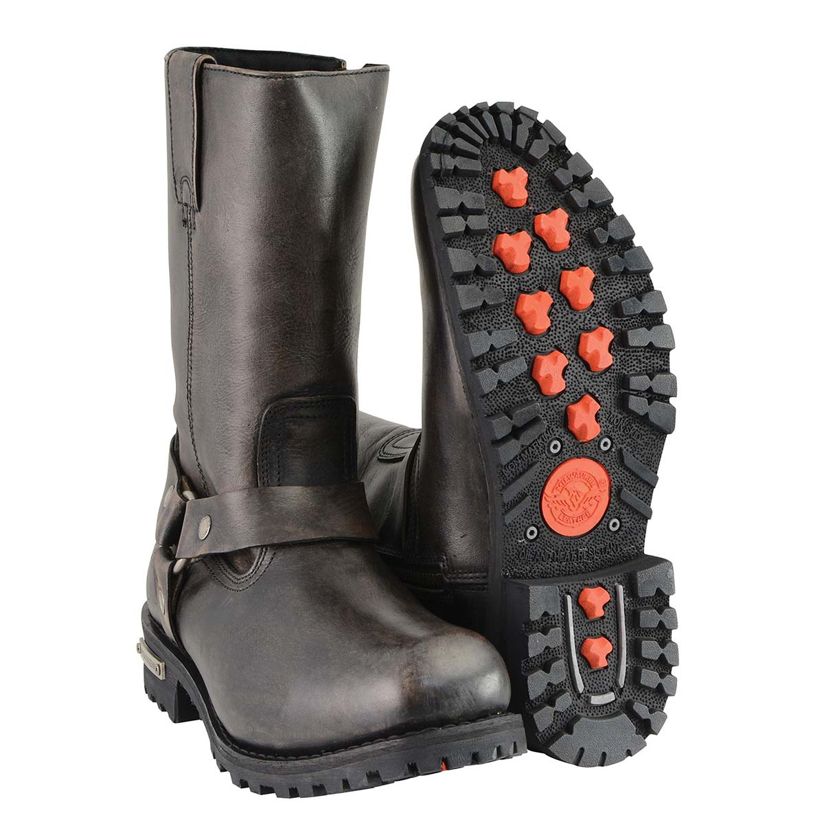 Milwaukee Leather Men's Distressed Brown Leather Wide Width 11-inch Square Toe Harness Motorcycle Boots MBM9005W