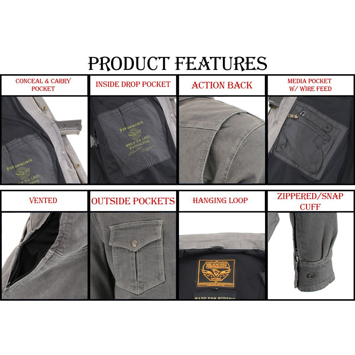 Milwaukee Leather MPM1621 Men's Grey Long Sleeve Flannel Biker Shirt w/ CE Armor - Reinforced w/ Aramid Fibers