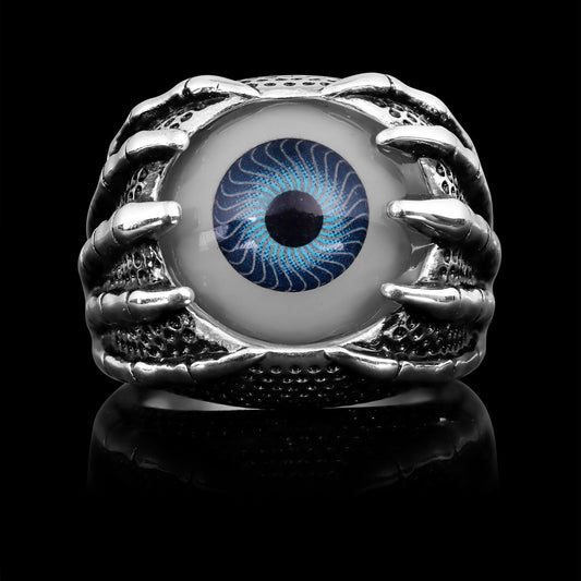 Stainless Steel Skeleton Hands Holding Blue Eyeball Ring