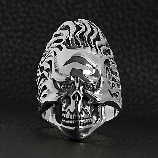 Sterling Silver Skull Flaming Hair Ring
