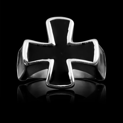 Stainless Steel Polished Black Enamel Cross Ring