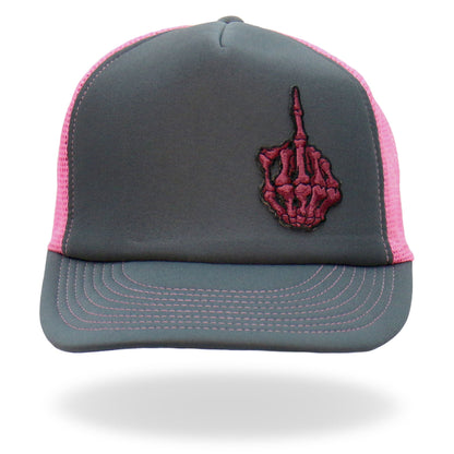 Hot Leathers Pink And Black Trucker Hat Skeleton Finger GSH1053