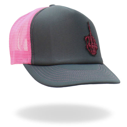 Hot Leathers Pink And Black Trucker Hat Skeleton Finger GSH1053