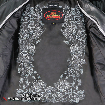 Hot Leathers Rose Embroidered Ladies Motorcycle Style Leather Jacket