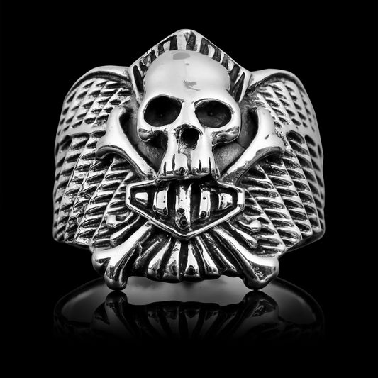 Sterling Silver Winged Skull And Crossbones Shield Ring