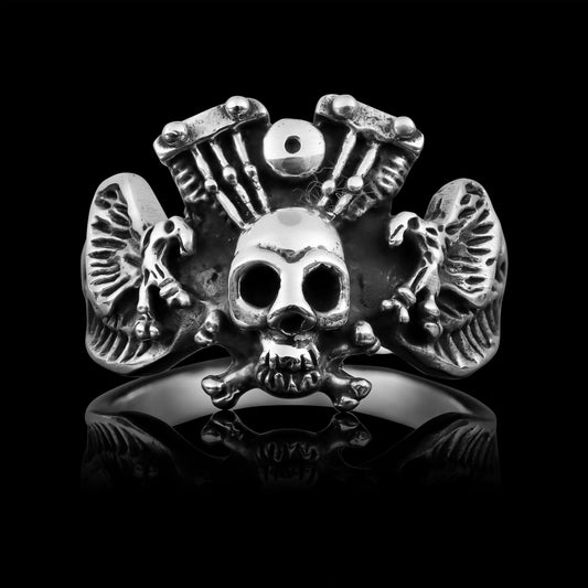 Sterling Silver Winged Skull & Crossbones Eagle Engine Ring