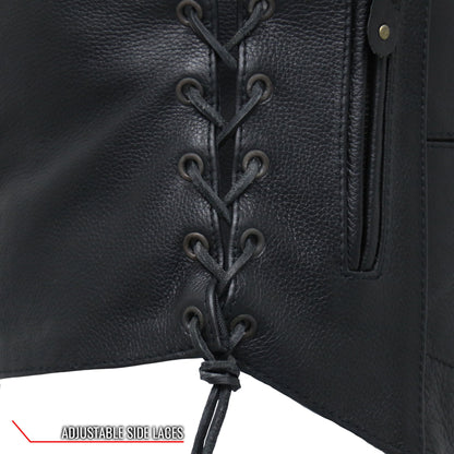 Hot Leathers VSL1008 Ladies Black Motorcycle 'Ten Pocket' Leather Biker Vest