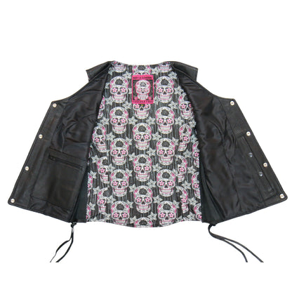 Hot Leathers VSL1017 Ladies 'Sugar Skull' Lined Black Leather Motorcycle Biker Vest