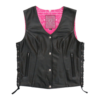 Hot Leathers VSL1018 Ladies 'Pink Paisley' Lined Black Leather Motorcycle Biker Vest