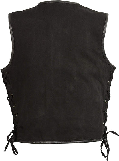 Club Vest CVM3039 Men's Black Denim Motorcycle Rider Vest with Leather Trim and Side Laces