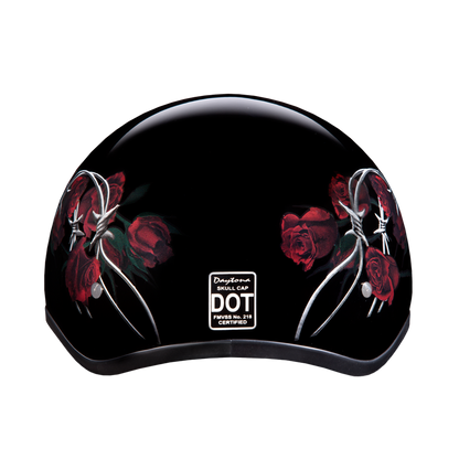 DOT Approved Daytona Motorcycle Half Face Helmet - Skull Cap Graphics for Men & Women, Scooters, ATVs, UTVs & Choppers - W/ Barbed Roses