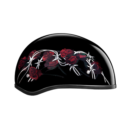 DOT Approved Daytona Motorcycle Half Face Helmet - Skull Cap Graphics for Men & Women, Scooters, ATVs, UTVs & Choppers - W/ Barbed Roses
