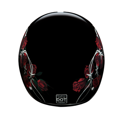 DOT Approved Daytona Motorcycle Half Face Helmet - Skull Cap Graphics for Men & Women, Scooters, ATVs, UTVs & Choppers - W/ Barbed Roses
