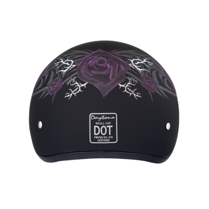 DOT Approved Daytona Motorcycle Half Face Helmet - Skull Cap Graphics for Men & Women, Scooters, ATVs, UTVs & Choppers - W/ Purple Rose
