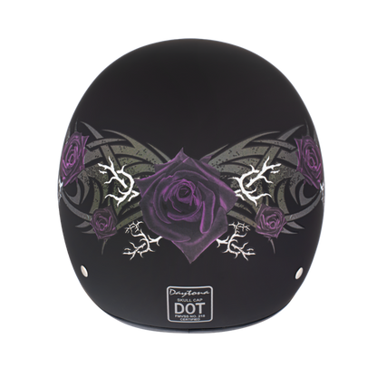DOT Approved Daytona Motorcycle Half Face Helmet - Skull Cap Graphics for Men & Women, Scooters, ATVs, UTVs & Choppers - W/ Purple Rose