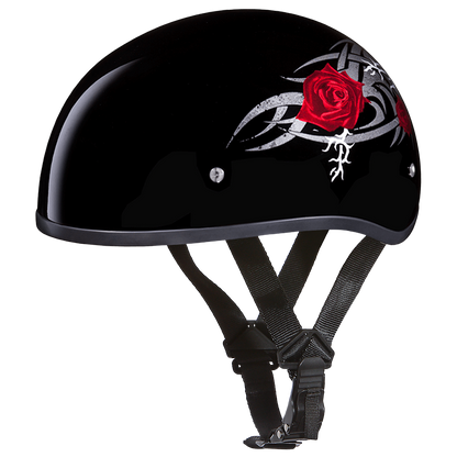 DOT Approved Daytona Motorcycle Half Face Helmet - Skull Cap Graphics for Men & Women, Scooters, ATVs, UTVs & Choppers - W/ Rose