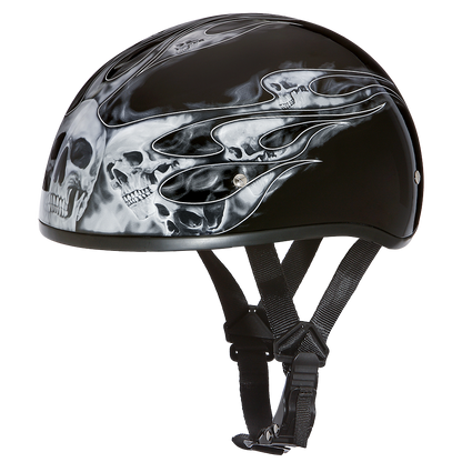 DOT Approved Daytona Motorcycle Half Face Helmet - Skull Cap Graphics for Men & Women, Scooters, ATVs, UTVs & Choppers - W/ Skull Flames Silver