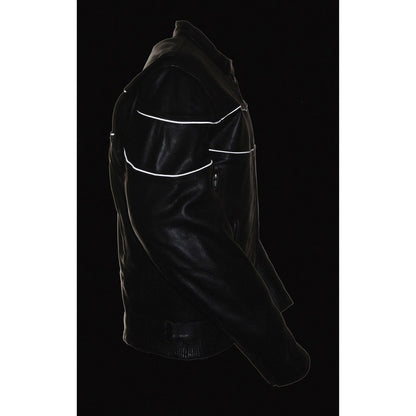 Milwaukee Leather LKM1785 Mens Black Leather Racer Style Motorcycle Jacket w/ Side Stretch and Reflective Piping