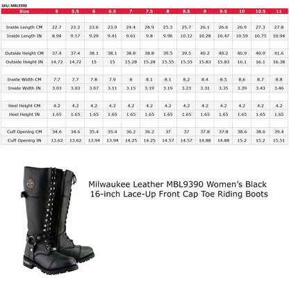 Milwaukee Leather MBL9390 Women’s Black 16-inch Lace-Up Front Cap Toe Motorcycle Riding Leather Boots