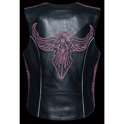 Milwaukee Leather MLL4570 Women's Studded Phoenix Black/Purple Leather Motorcycle Vest w/ Embroidery Art