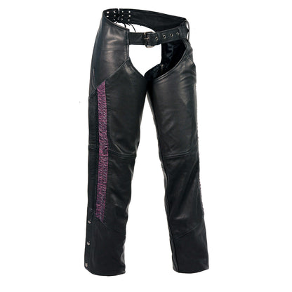Milwaukee Leather Women's Black Premium Leather Motorcycle Rider Chaps w/ Purple Crinkled Stripes-Reflective Trim MLL6500