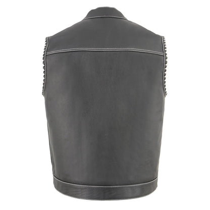 Milwaukee Leather MLM3509 Men's Black Premium Leather Vest - Old Glory Laced Armholes White Stitching Club Style Vest