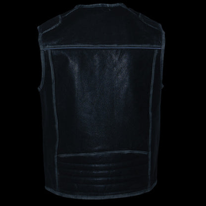 Milwaukee Leather MLM3536 Men's Distressed Grey Leather Collarless Motorcycle Rider Vest