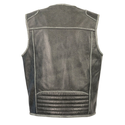 Milwaukee Leather MLM3536 Men's Distressed Grey Leather Collarless Motorcycle Rider Vest