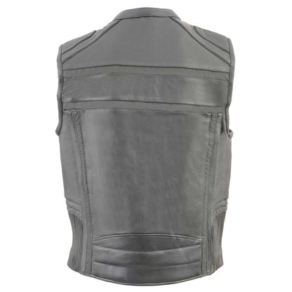 Milwaukee Leather MLM3560 Men's Black Leather Vest - Reflective Piping Elasticized Waist Open Neck Motorcycle Vest