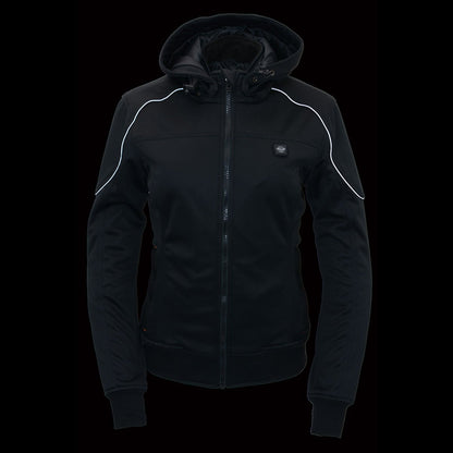 Nexgen Heat MPL2761SET Women's Black 'Heated' Soft Shell Racing Style Heated Jacket for Hiking Riding w/ Battery