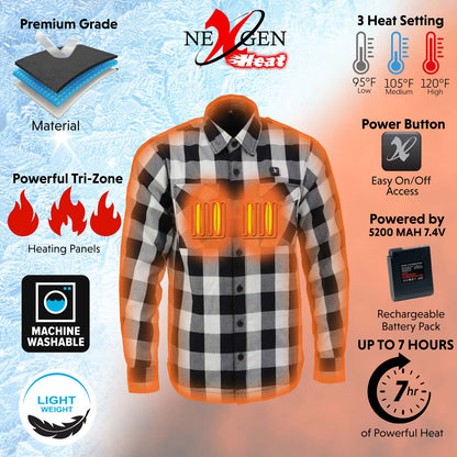 Nexgen Heat Men's NXM1601SET Riffraff Black/Grey/White Heated Flannel Sleeve Shirt Outdoor Activities w/Battery