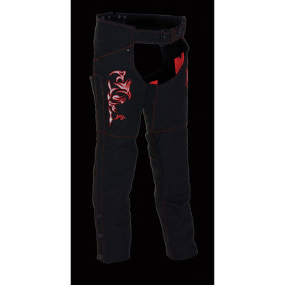 Milwaukee Leather SH1182 Women's Black with Red Textile Motorcycle Riding Chaps with Tribal Embroidery