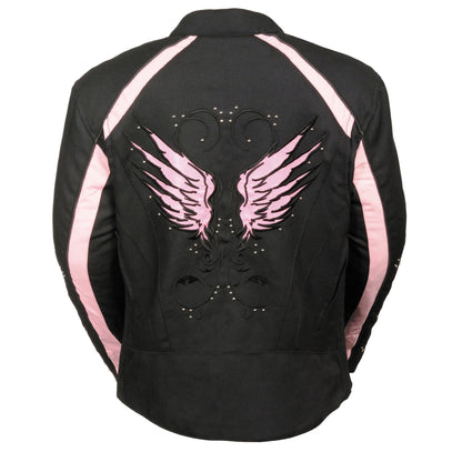Milwaukee Leather SH1954 Women's Black and Pink Textile Jacket with Stud and Wings Detailing